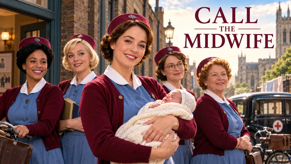 Call the Midwife characters outside Nonnatus House in the period drama