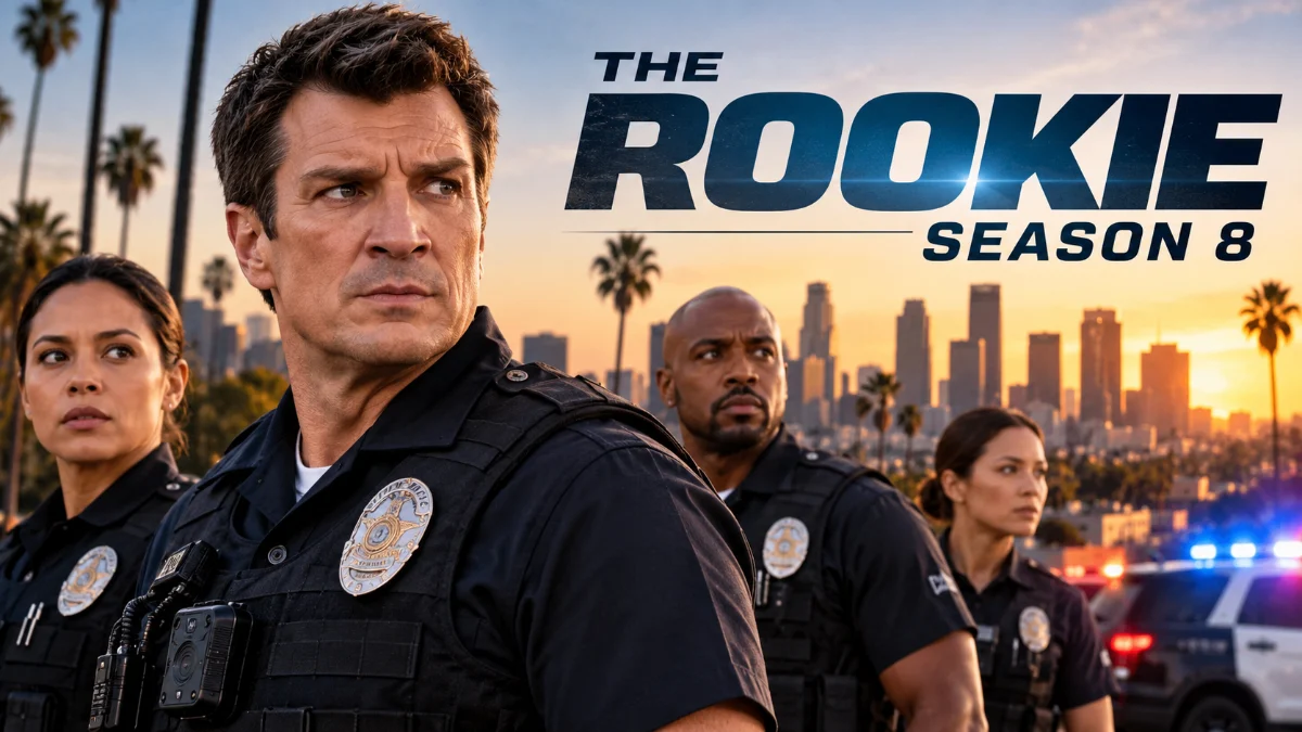 The Rookie Season 8 featured artwork highlighting John Nolan and the police drama's returning cast.